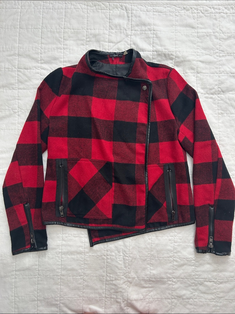 Dex Red and Black Plaid Asymmetrical Moto Jacket